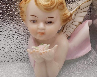 Vintage 1960s Porcelain Angel bust by Norcrest - Elegant Wall Decor Cherub with Delucate Pink Roses 5x4.5”