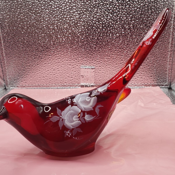 Fenton Bird Of Happiness in Elegant Rich Ruby Red Glass, Amberina Hues Hand-Painted White Rose Floral decor SIGNED by Artist D. ROBINSON