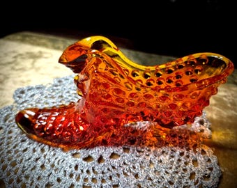 Vintage Fenton Art Glass Shoe Orange Amberina Hobnail Cat Head Slipper GLOWS with black light