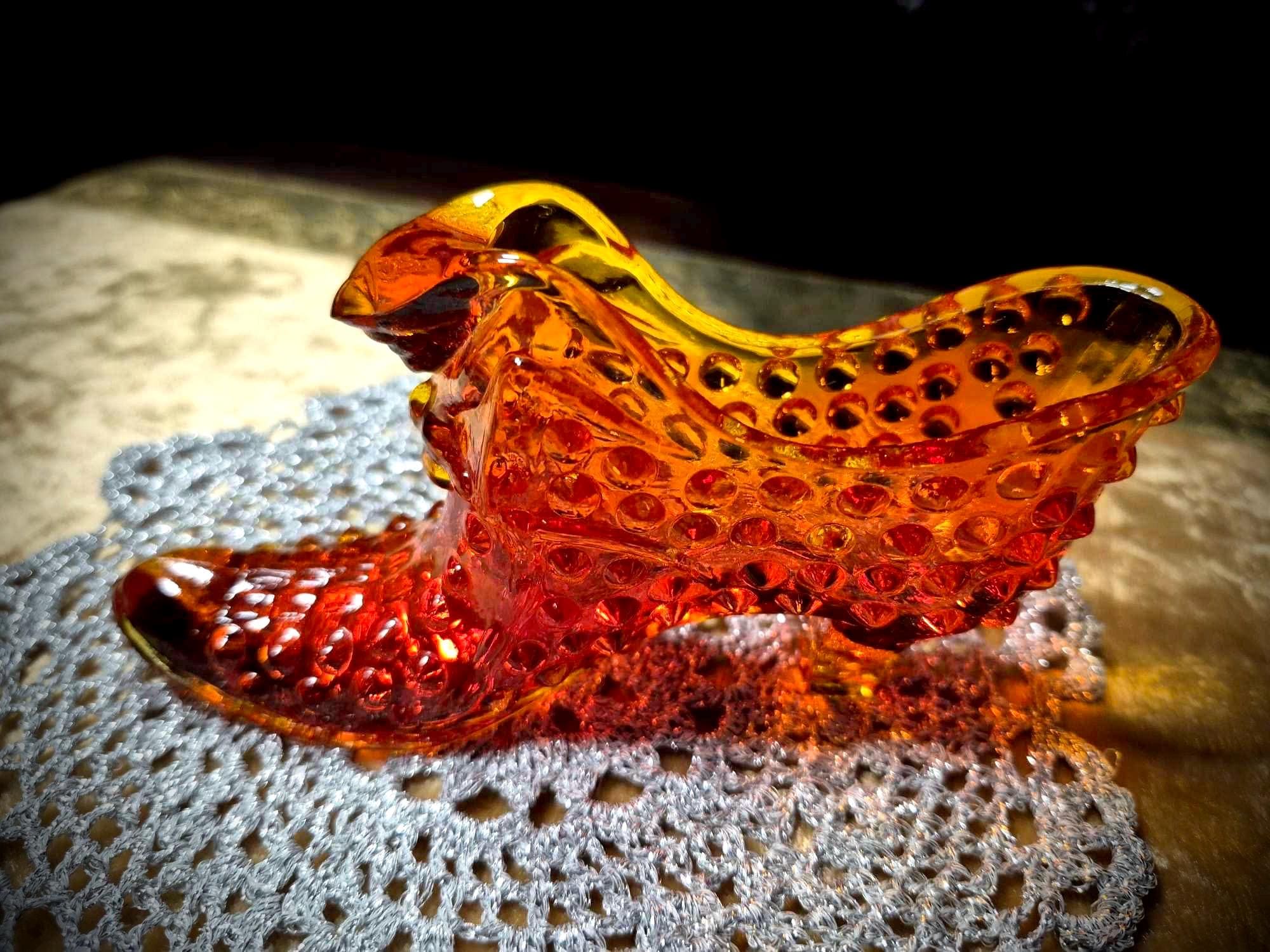 Fenton Amberina Glass Shoe - Glowing Cat Head Slipper, Hobnail 