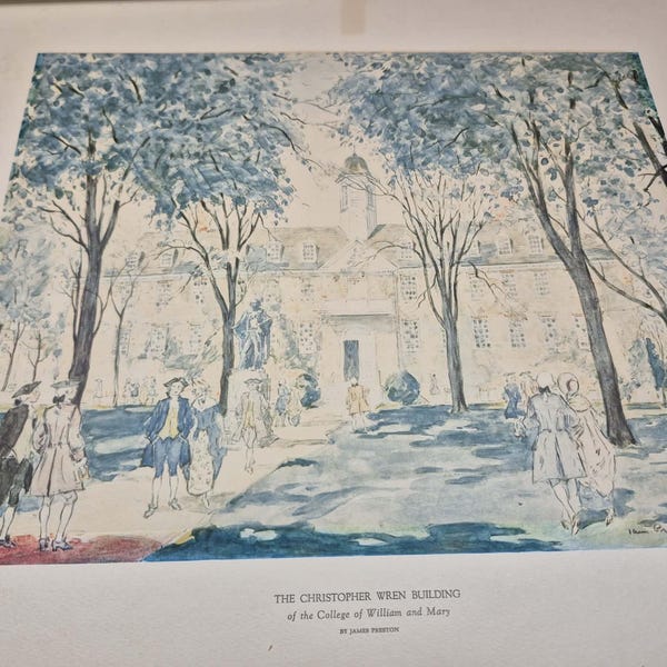 Vintage aquarel door James Preston - Lithoprint uit de jaren 1930 Christopher Wren Building in Virginia