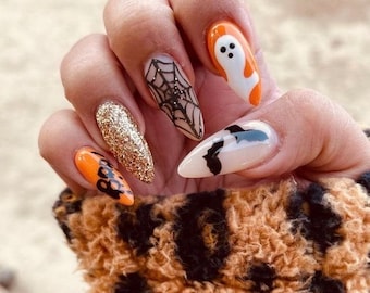 Orange Nails| Halloween nails | Spiderwebs Nails | Fake Nails | Glue On Nails | Press On Nails