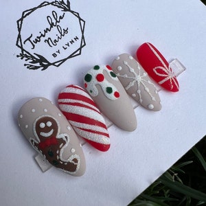 Gingerbread Man Nails Candy Cane Christmas Nails Press on Nails Fake ...