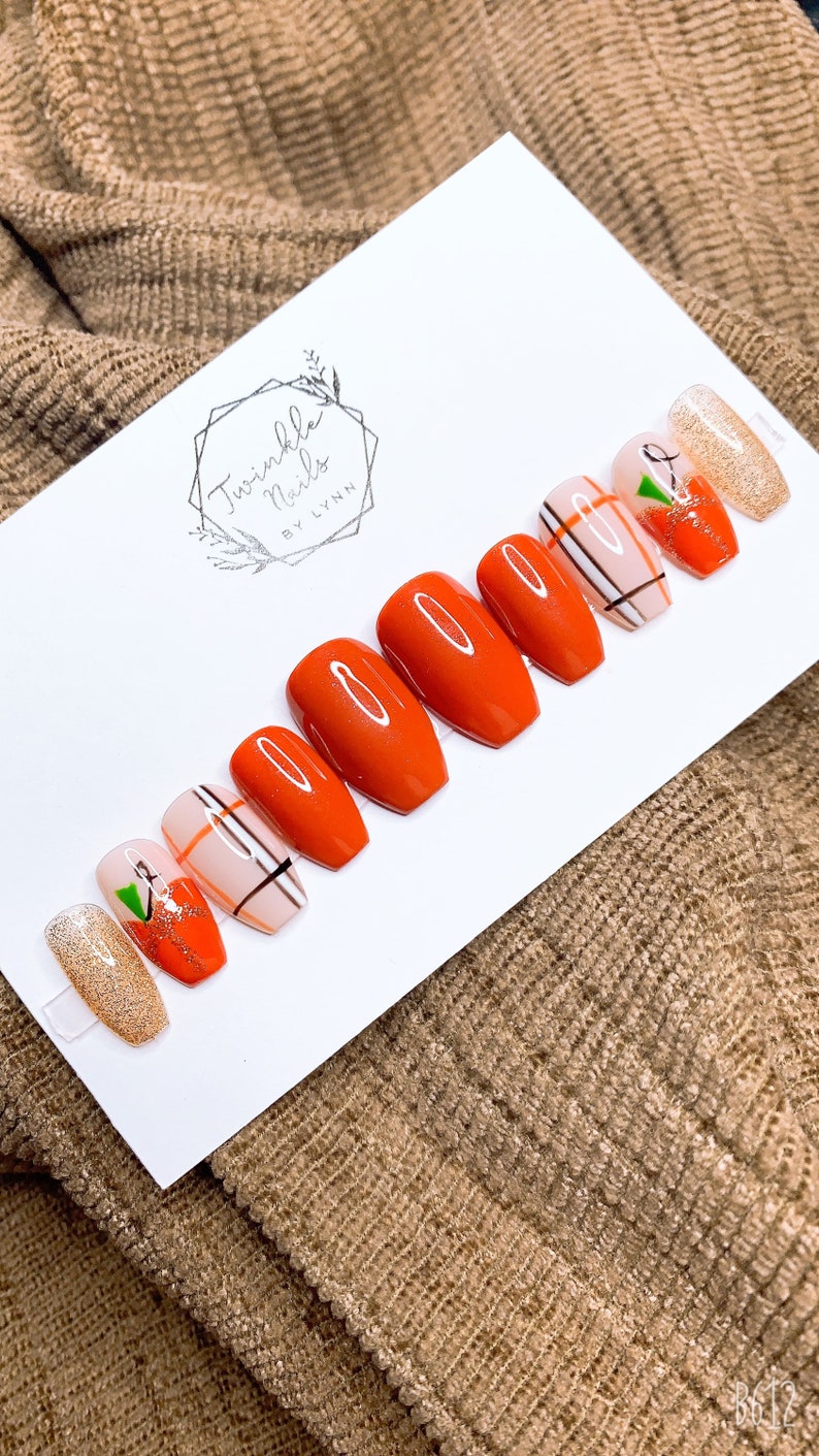 Fall Nails Design Pumpkin Nails Press On Nails Fake Nails Glue On Nails image 2