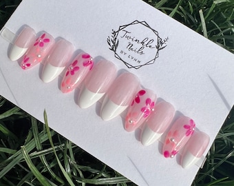 French Nails with Flowers Design | Press On Nails | Fake Nails | Glue On Nails