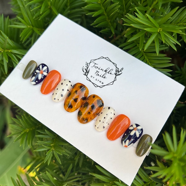 Fall Nails Design | Flowers and Tortoise Shell Design |Press On Nails | Fake Nails | Glue On Nails