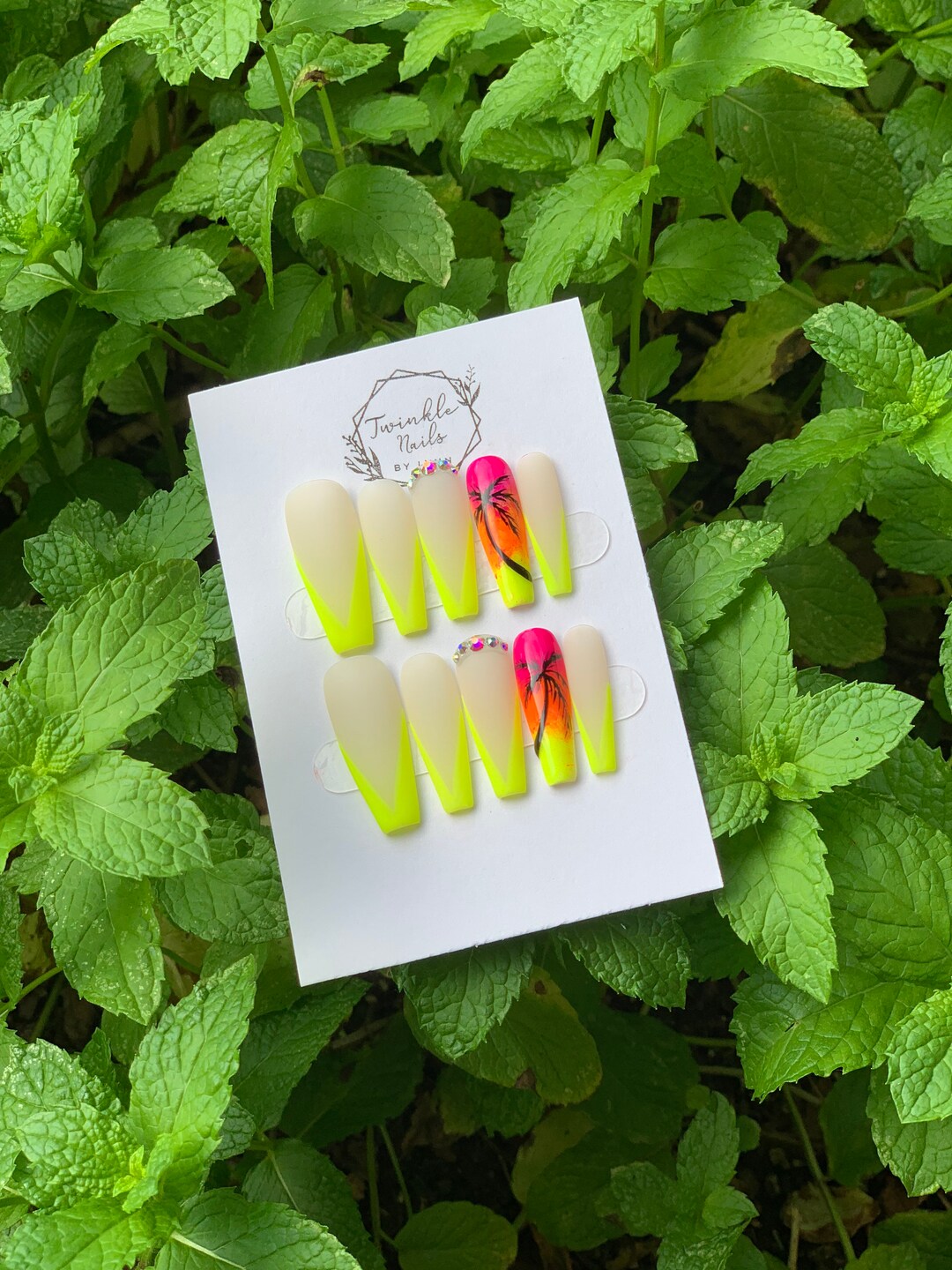 Neon V-tip Nails | Palm Tree Design Nails | Summer Nails | Press on