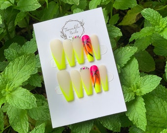 Neon V-tip nails | Palm Tree Design Nails | Summer Nails | Press On Nails | Fake Nails | Glue On Nails