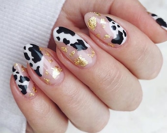 Cow Print With Gold Foils | Press On Nails | Fake Nails | Glue On Nails