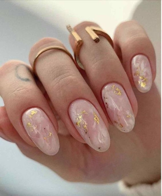 White Marble Nails Gold Flakes Fake Nails Glue on Nails Press on Nails 