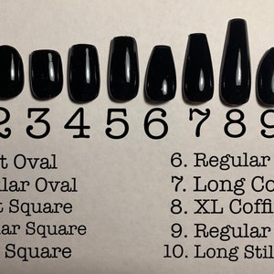 May include: Ten different nail shapes are shown in black, numbered 1 through 10. The shapes are: short oval, regular oval, short square, regular square, long square, regular coffin, long coffin, XL coffin, regular stiletto, and long stiletto.