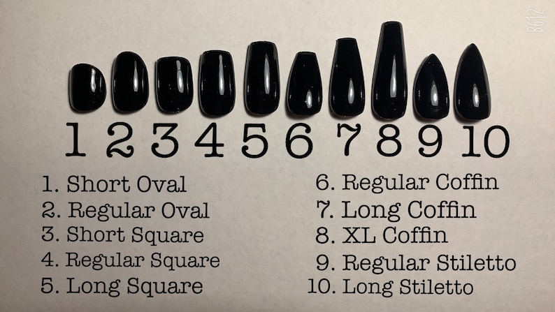 May include: Ten different nail shapes are shown in black, numbered 1 through 10. The shapes are: short oval, regular oval, short square, regular square, long square, regular coffin, long coffin, XL coffin, regular stiletto, and long stiletto.