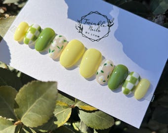 Spring Nails | Green & Yellow Flower Nails |Fake Nails | Press On Nails | Glue On Nails