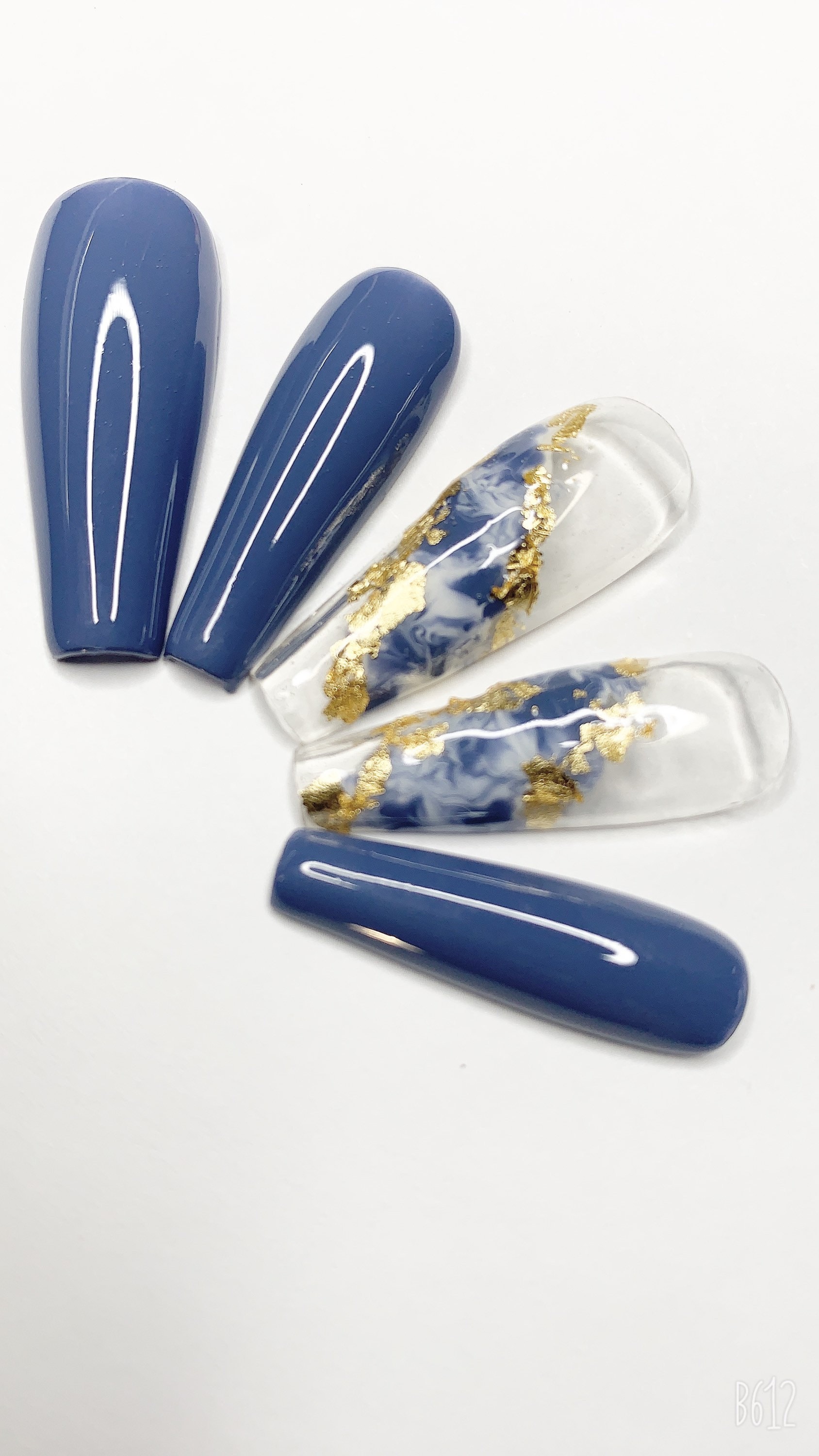 Blue gray nails with marble and gold flakes design | Nail prep kit 