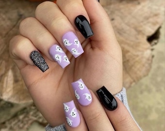 Halloween Black and Purple Nails Design | Ghost Nails | Press On Nails | Fake Nails | Glue On Nails
