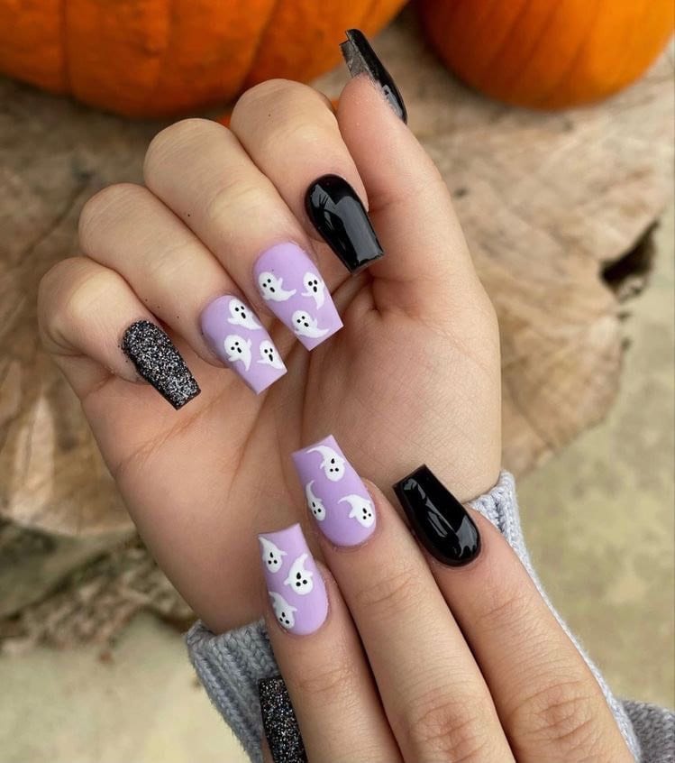 Halloween Black and Purple Nails Design Ghost Nails Press - Etsy