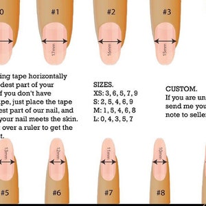 May include: A guide to measuring nail sizes for custom press-on nails. The image shows nine different nail sizes, each with a corresponding measurement in millimeters. The sizes are labeled with numbers 0 through 9. The text below the nails explains how to measure your nail size and provides a size chart for XS, S, M, and L sizes. The text also includes a note about custom sizes.