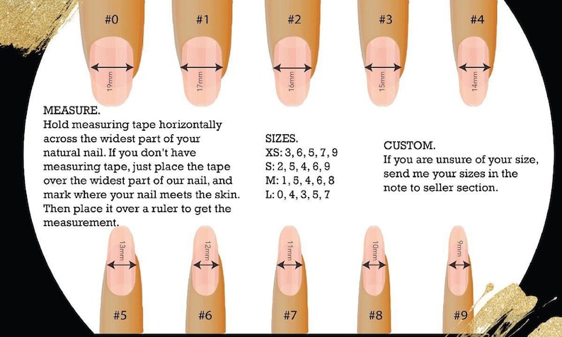 May include: A guide to measuring nail sizes for custom press-on nails. The image shows nine different nail sizes, each with a corresponding measurement in millimeters. The sizes are labeled with numbers 0 through 9. The text below the nails explains how to measure your nail size and provides a size chart for XS, S, M, and L sizes. The text also includes a note about custom sizes.