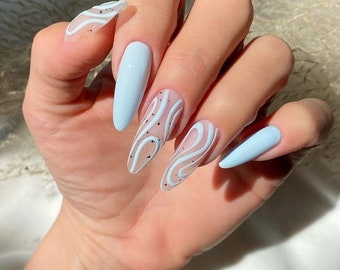 Baby Blue Swirls Nails | Fake Nails | Glue On Nails | Press On Nails