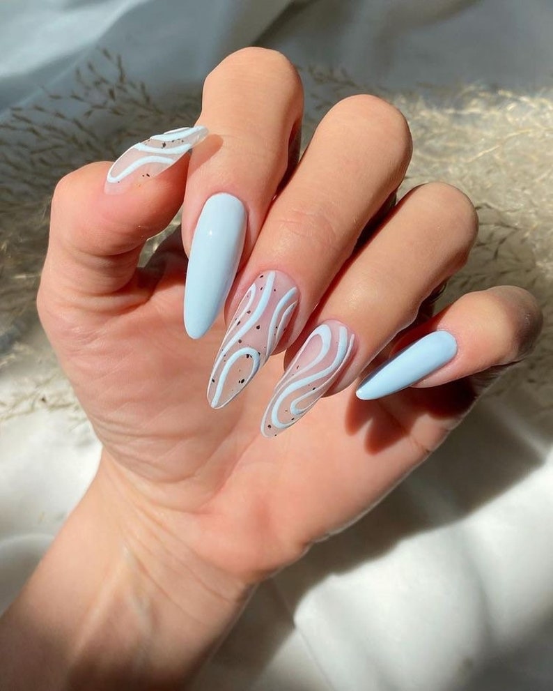 Baby Blue Swirls Nails Fake Nails Glue On Nails Press On Nails image 1