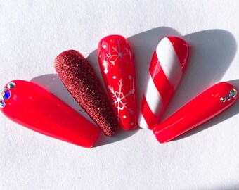 Christmas Nails | Red Nails | Snowflakes design | Candy Cane | Press On Nails | Fake Nails