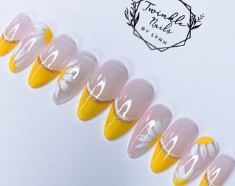 Yellow Daisy Flowers Nails | Press On Nails | Fake Nails | Glue On Nails