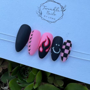 Flame Nails Matte Black and Pink Nails Glue on Nails - Etsy