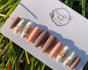Brown and Orange Pastel Nails Design | Press On Nails | Fake Nails | Glue On Nails