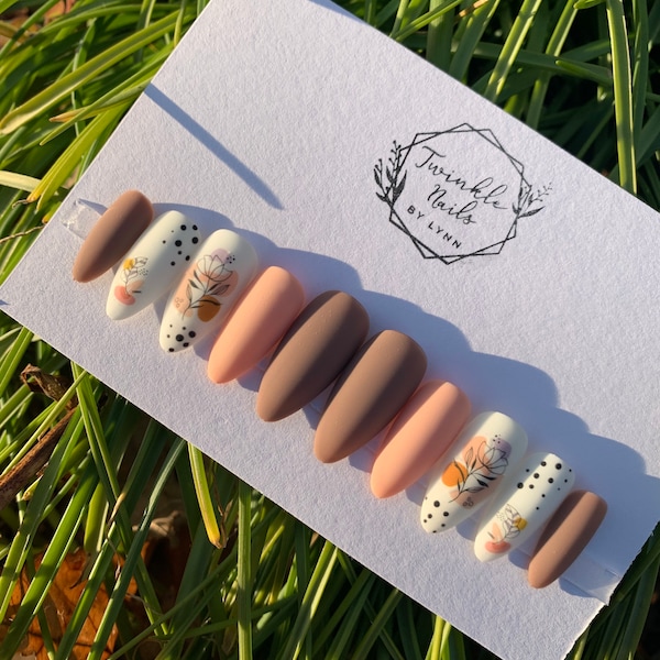 Brown and Orange Pastel Nails Design | Press On Nails | Fake Nails | Glue On Nails