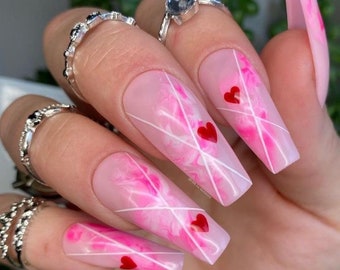 Pink and White Marble with Hearts Design | Press On Nails | Fake Nails | Glue On Nails