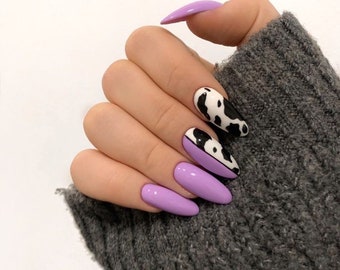 Purple Nails | Cow Print Design | Press On Nails | Fake Nails | Glue On Nails