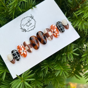 Fall Nails With Flowers And Tortoise Shell Design | Press On Nails | Fake Nails | Glue On Nails