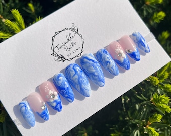 Blue Marble Nails | Summer Nails | Fake Nails | Glue On Nails | Press On Nails