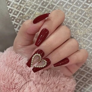 Dark Red With Hearts Rhinestones Design Press on Nails Fake Nails Glue on  Nails 