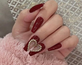 Dark Red with Hearts Rhinestones Design | Press On Nails | Fake Nails | Glue On Nails