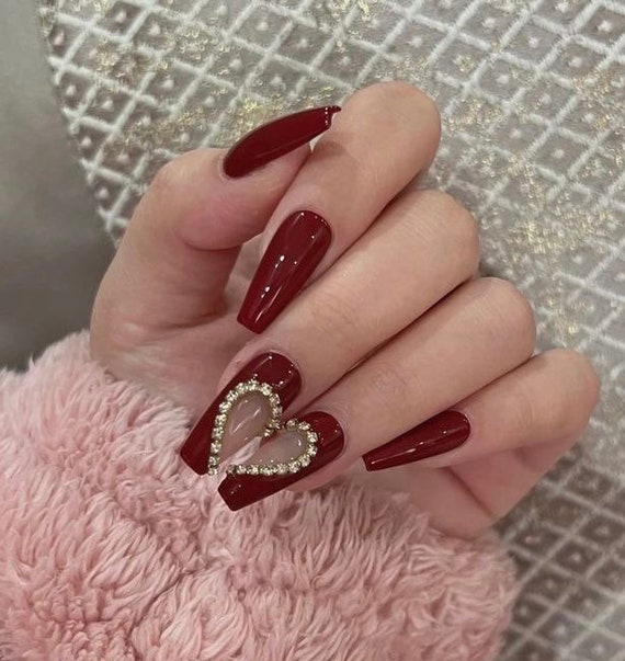 Dark Red With Hearts Rhinestones Design Press on Nails Fake Nails Glue on  Nails 