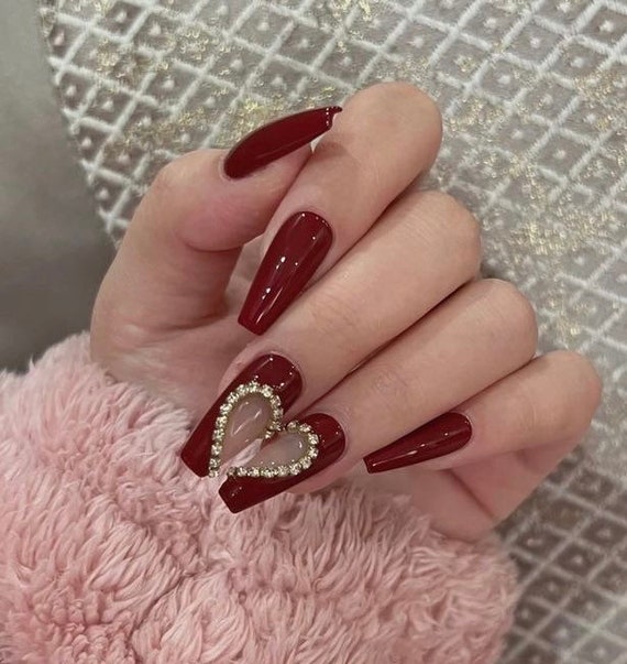 Dark Red With Hearts Rhinestones Design Press on Nails Fake Nails