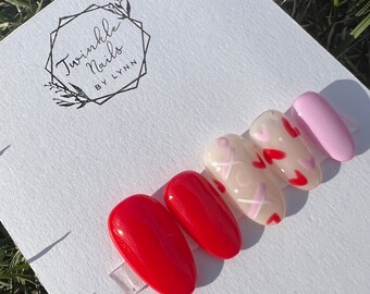 Valentines Nails | Red and Pink Heart | XOXO Nails | Fake Nails | Glue On Nails | Press On Nails
