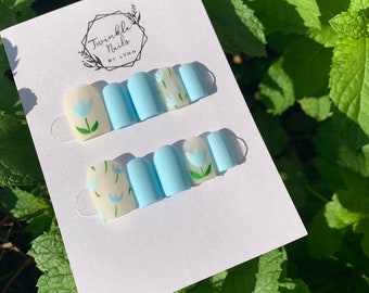 Light Blue Nails With Flowers Design | Matte Nails | Press On Nails | Fake Nails | Glue On Nails