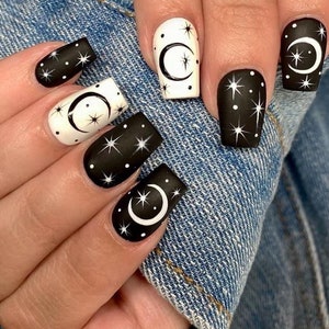 Black and White Nails Moon and Stars Design Press on Nails - Etsy
