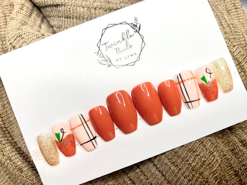 Fall Nails Design Pumpkin Nails Press On Nails Fake Nails Glue On Nails image 1