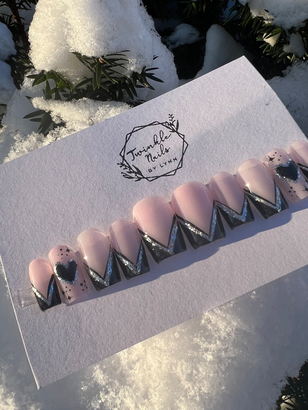 Black V Tip Nails Valentines Nails Fake Nails Press on Nails Glue on