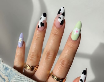 Cow Print and Spring Flowers Nails | Fake Nails | Glue On Nails | Press On Nails