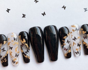 Black Nails | Black Butterfly Nails | Gold Foil | Press On Nails | Fake Nails| Glue On Nails