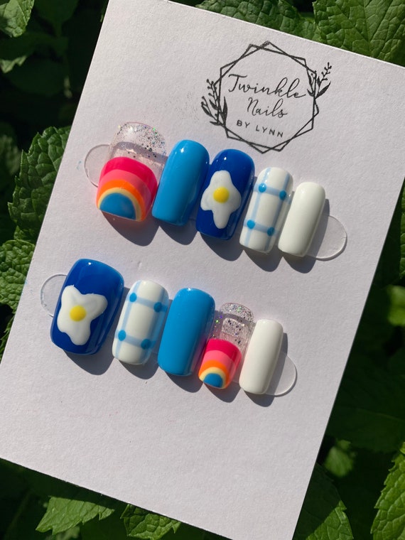 Blue Nails With Design Summer Nails Press on Nails Fake | Etsy