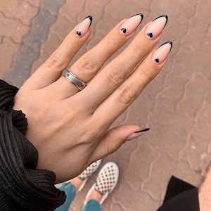 Black French Tip Nails | Heart Design | Press On Nails | Fake Nails | Glue On Nails