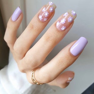 Purple Nails with Flowers design | Press On Nails | Fake Nails | Glue On Nails