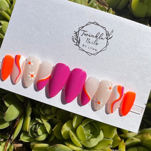 Uñas rosas y naranjas / Diseño de uñas / Uñas postizas / Uñas adhesivas / Uñas postizas