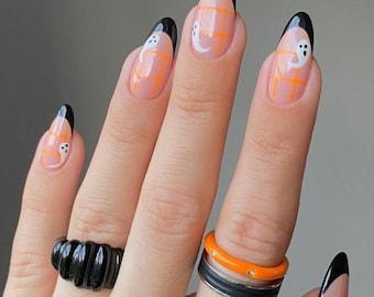 Halloween Nails| Black Tip With Ghost Design | Fake Nails | Glue On Nails | Press On Nails