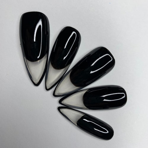 Black French Tip Nails Heart Design Press on Nails Fake - Etsy